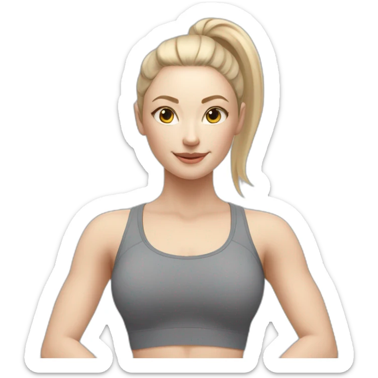 Pale skinned fit woman In a gray tight yoga suit With ash blonde hair in a ponytail doing yoga sticker