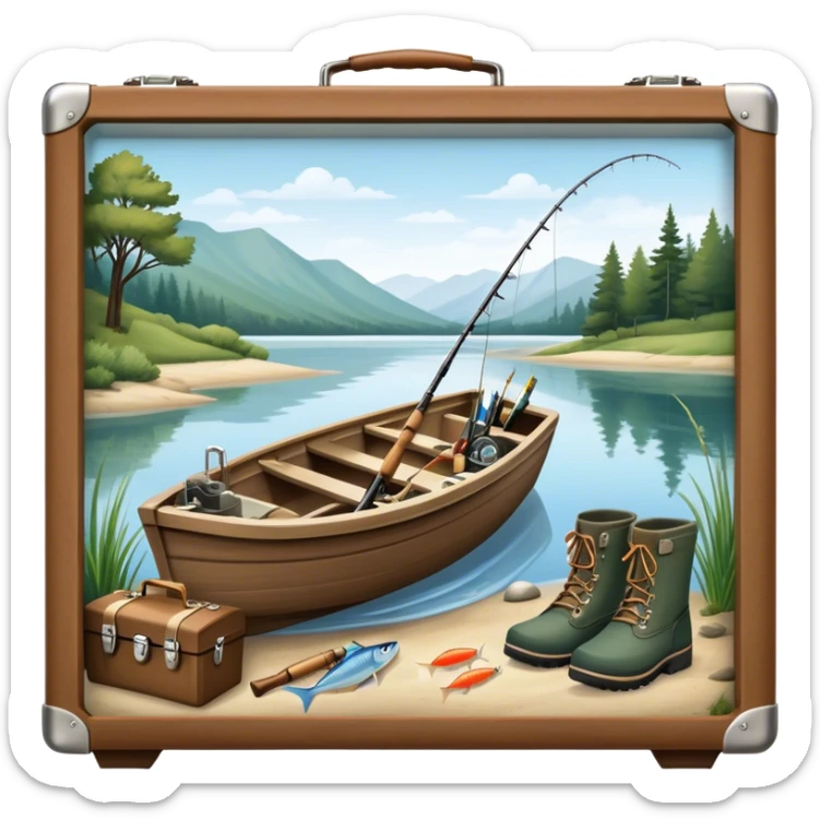 Icon for Fishing: a boat on the shore of a peaceful water body with a beautiful natural landscape, a fishing tackle box, a spinning rod, and boots nearby. The icon should capture the tranquility and gear of a fishing adventure. Transparent background. sticker