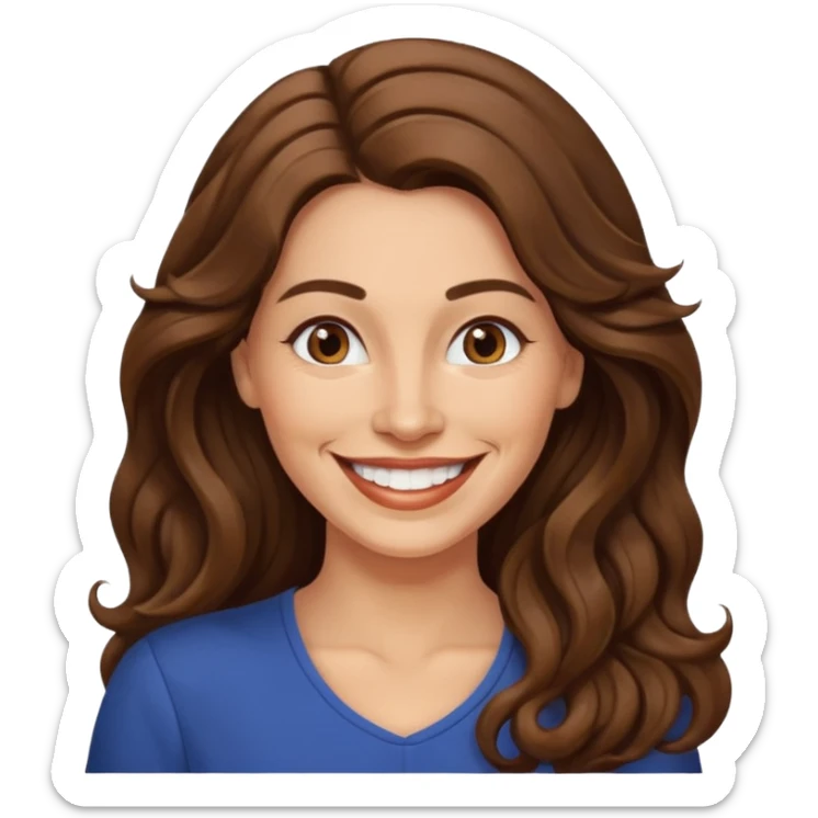 40 yr croatian woman, long wavy brown hair, big smile, side part, 
 sticker