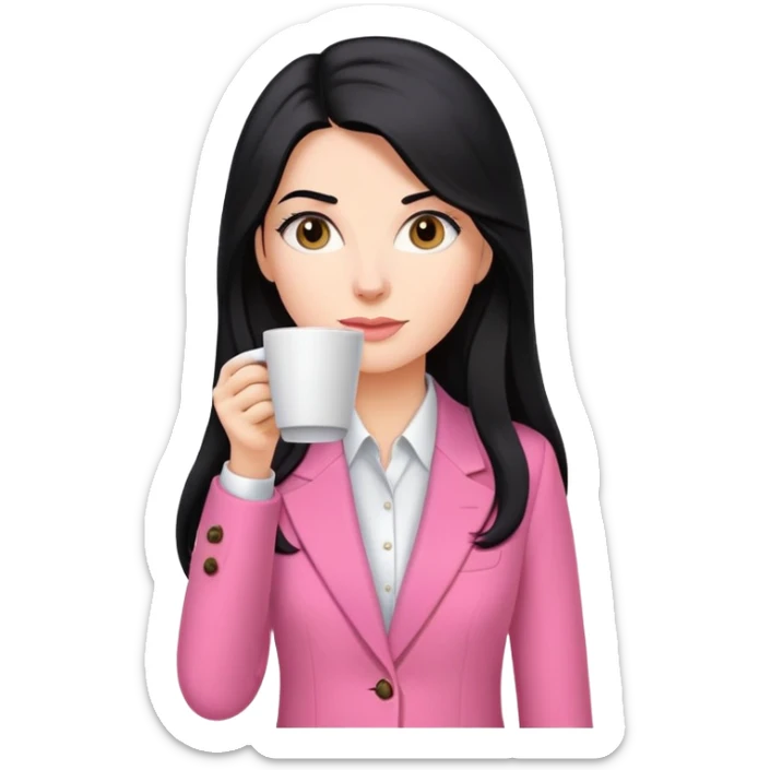 business dressing pink clothes woman  caucasian with a long black hair drinking coffee sticker