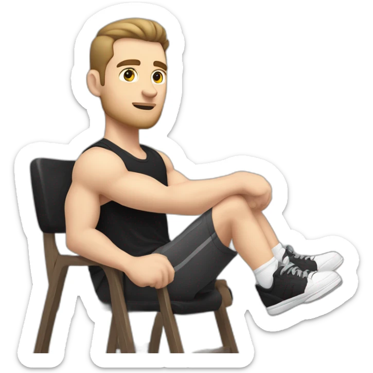 Pale skinned Fit Man With the biceps and dark brown hair in black shirt, gray sports shorts and white Sneakers Sitting on a chair sticker