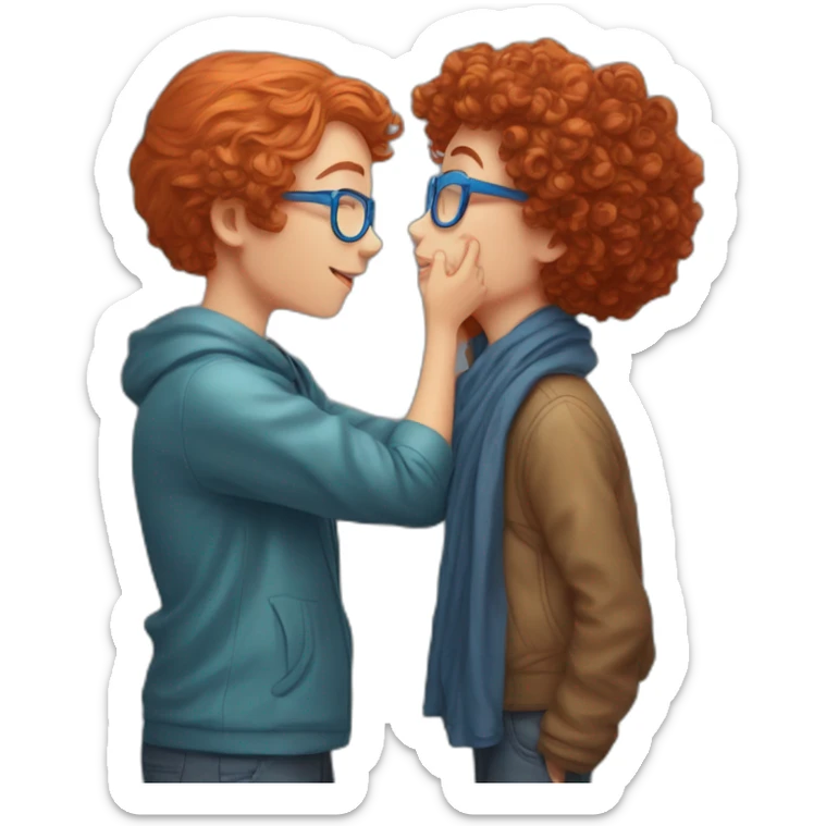 girl with curly red hair and blue glasses kissing a boy sticker