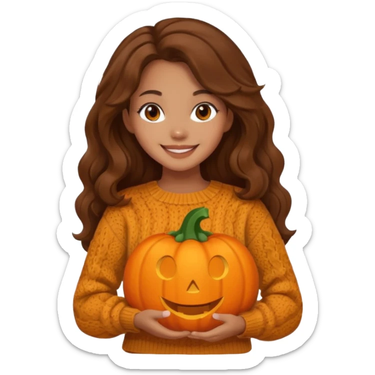 Cozy mixed girl with long wavy brown hair dressed for fall holding a pumpkin  sticker