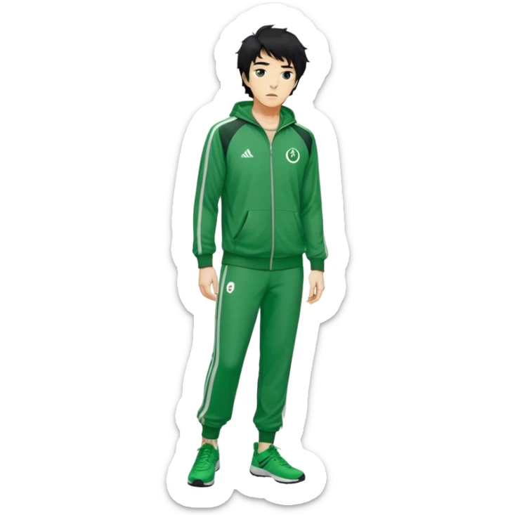 Seong Gi-hun : age 60, A tall, slim man with messy, unkempt black hair, Green player tracksuit,  sticker
