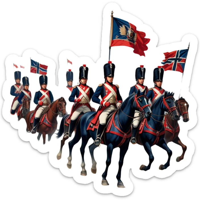 A vintage movie poster-style design depicting a dramatic Napoleonic War scene. Include soldiers in period uniforms, cannons, and a battlefield with flags and horses. The background should evoke a sense of battle and history, with old-fashioned cinematic flair. Transparent background. sticker