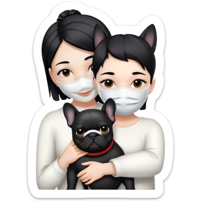 girl with short black straight hair and wearing a white mask and hugging a black French bulldog sticker