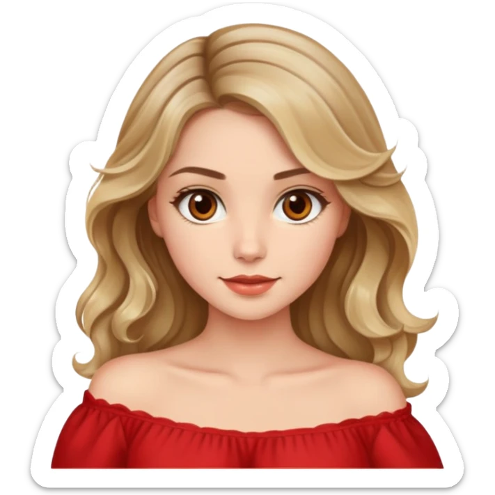 a beautiful girl with wavy and dark blond hair and her eyes are brown. The girl from once has a beautiful red blouse in which from the shoulders starts  sticker