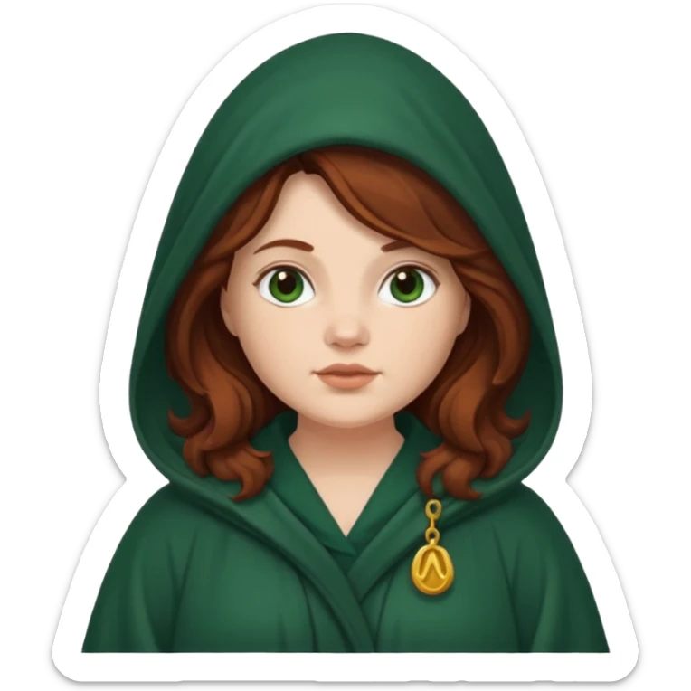 A white woman with a chubby face, with long dark auburn hair robed and hooded like she's a Traitor in the tv show The Traitors. her hair is slightly curly, but kinda frizzy, not with defined curls, and the robe is a very dark green color sticker