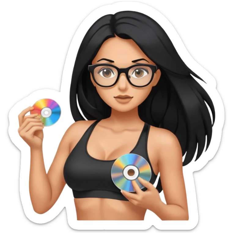glasses, long black hair tanned woman, black sports bra, sexy, hot, data analysis, holding a cd   sticker