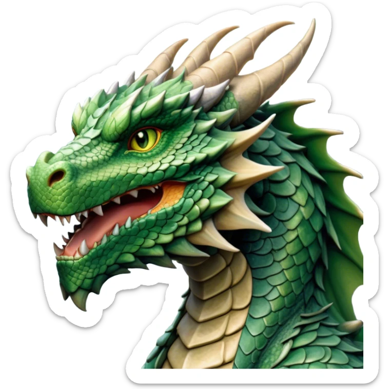 Cinematic Noble Giant Green scaled Dragon Portrait Emoji, Poised and awe-inspiring, with a massive, rugged form carved from ancient stone, featuring intricately textured scales that resemble weathered granite and basalt, and piercing, stony eyes echoing the strength of timeless mountains; rendered with lifelike detail and earthy natural highlights, high shine, formidable and grounded, styled with an aura of primordial majesty, focused and resolute, soft glowing outline, capturing the essence of an enduring rock titan ready to surge from the screen with ageless power! sticker