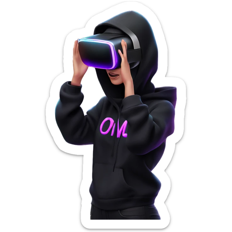 Russian girl wearing black hoody with violet letters "OMG", in vr headset oculus quest2. Standing like jedi. Cyberpunk style. Violet neon. sticker