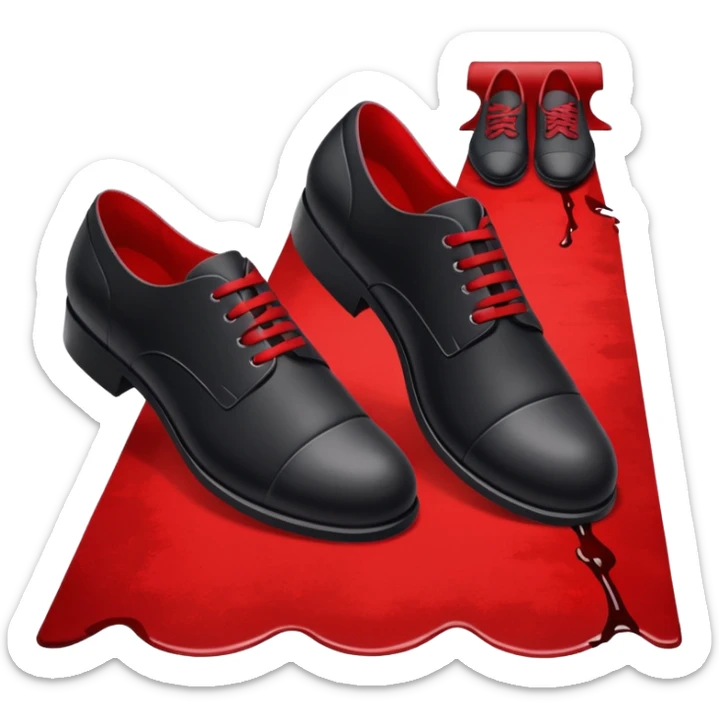 Minimalist emoji-style sticker of two black shoes standing on a red carpet that fades into a bloodstain. Flat, frontal design, simple icon composition. sticker