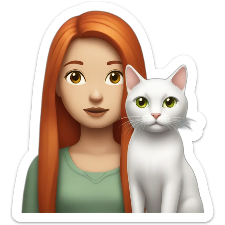 Girl with long straight red hair, serious with white cat on her head and gray green eyes sticker