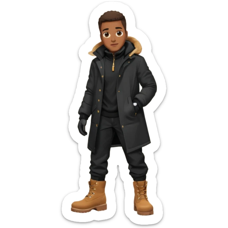 Handsome Black grown man with brown skin tone, wearing black joggers, a black weather coat, and buckwheat timberland boots, and black gloves sticker
