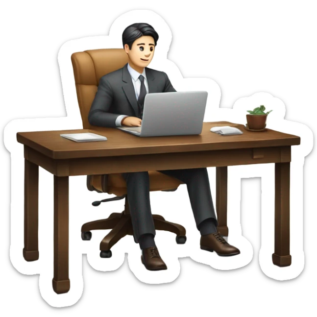 Rich man working setting on a chair and near the table with laptop he is Korean very beautiful looks like JK sticker