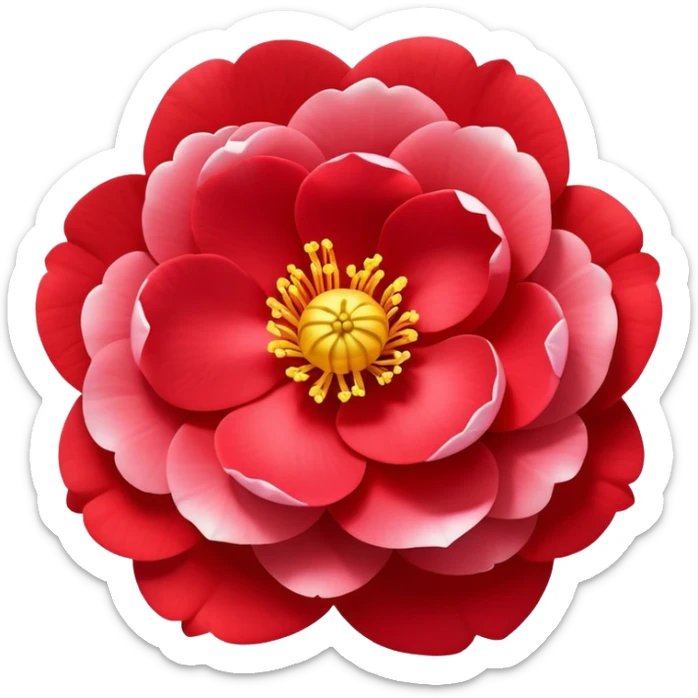 red Japanese camellia flower with layered petals and yellow stamen, flat design sticker