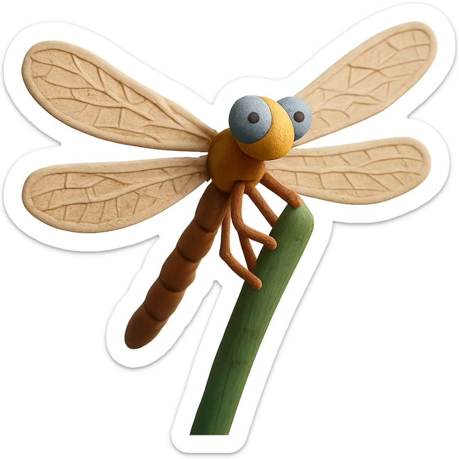 claymation style close-up of a dragonfly on a reed, detailed wings, gentle background sticker