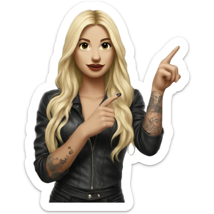 Blonde women with LONG HAIR, in Leather cloth, Body Covered with Tattoos, POINTING YOU FORWARD with her HAND with INDEX FINGER, Hyper Realistic sticker