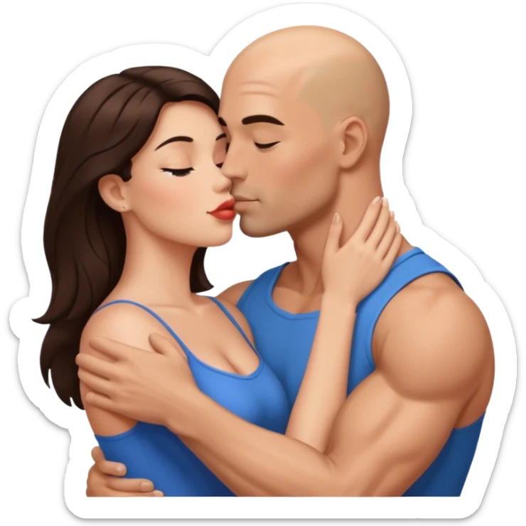 Hyper Realistic beautiful brunette woman in the arms of a handsome muscular bald man kissing  sticker