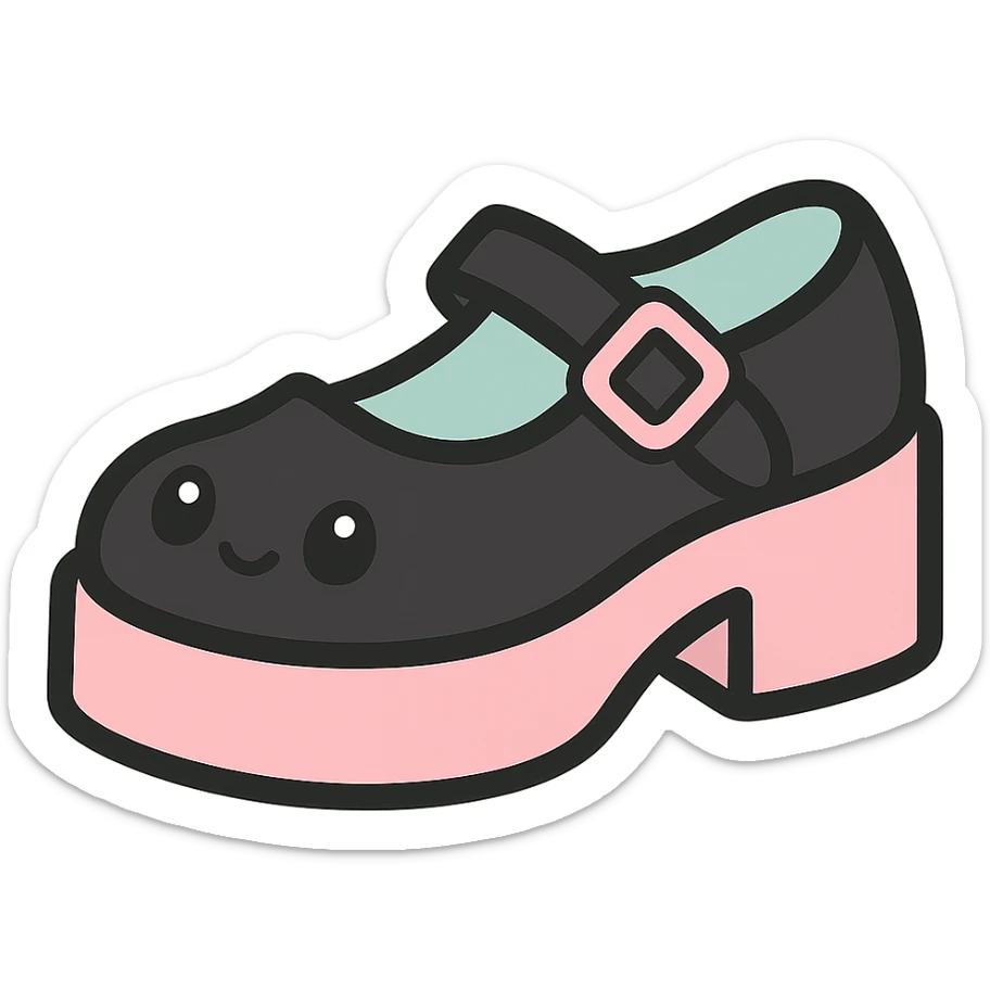 Make the shoes primarily black with pink and pastel accents, kawaii style, no socks, no hearts, transparent background sticker