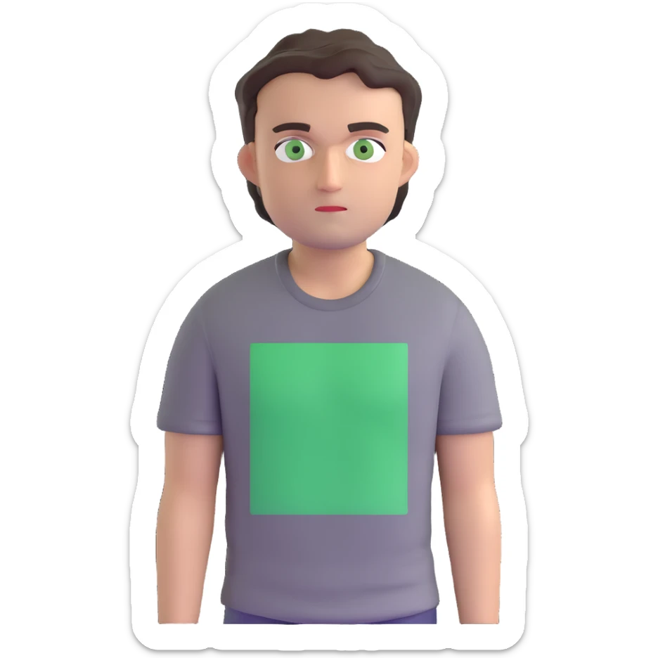 man with dark messy short hair, dark green eyes, wearing a gray t-shirt sticker