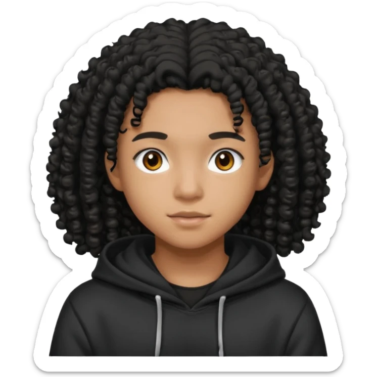 blasian teenager wearing a hoodie with black curly hair sticker