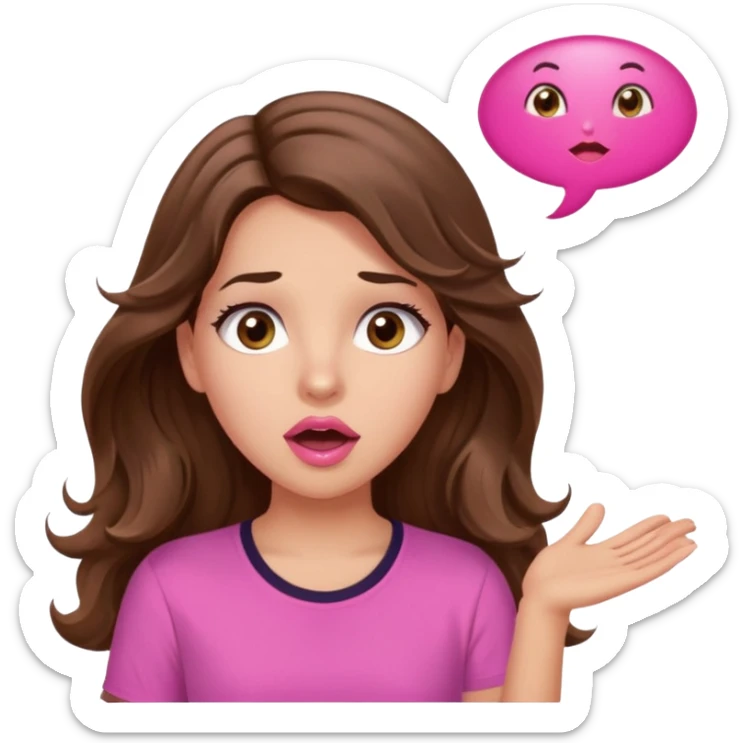 girl with long wavy brown hair, brown eyes, light to medium complexion, in a pink shirt, pink lips, long lashes, surprised, wow speech bubble sticker