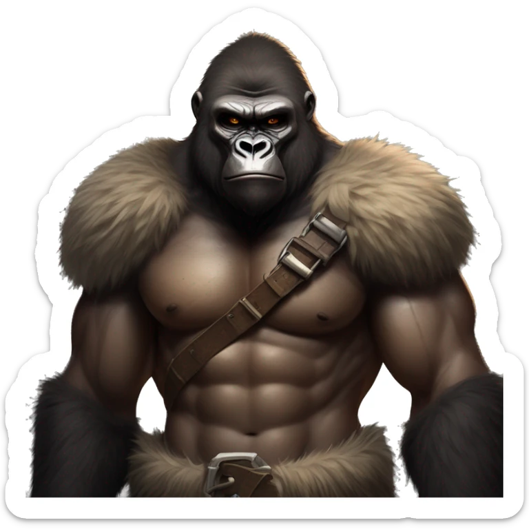 Gorilla-like warrior, tan muscular body, fresh chest wound. Leather and fur armor, stern expression, shadowy wild setting. Muted colors, intense and primal atmosphere. sticker