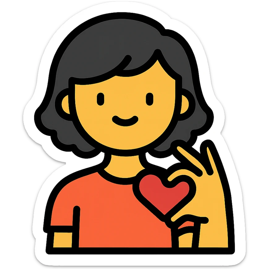 chica de cabello negro, corto y ondulado, haciendo un corazón con la mano, estilo icono lineal colorido sticker
