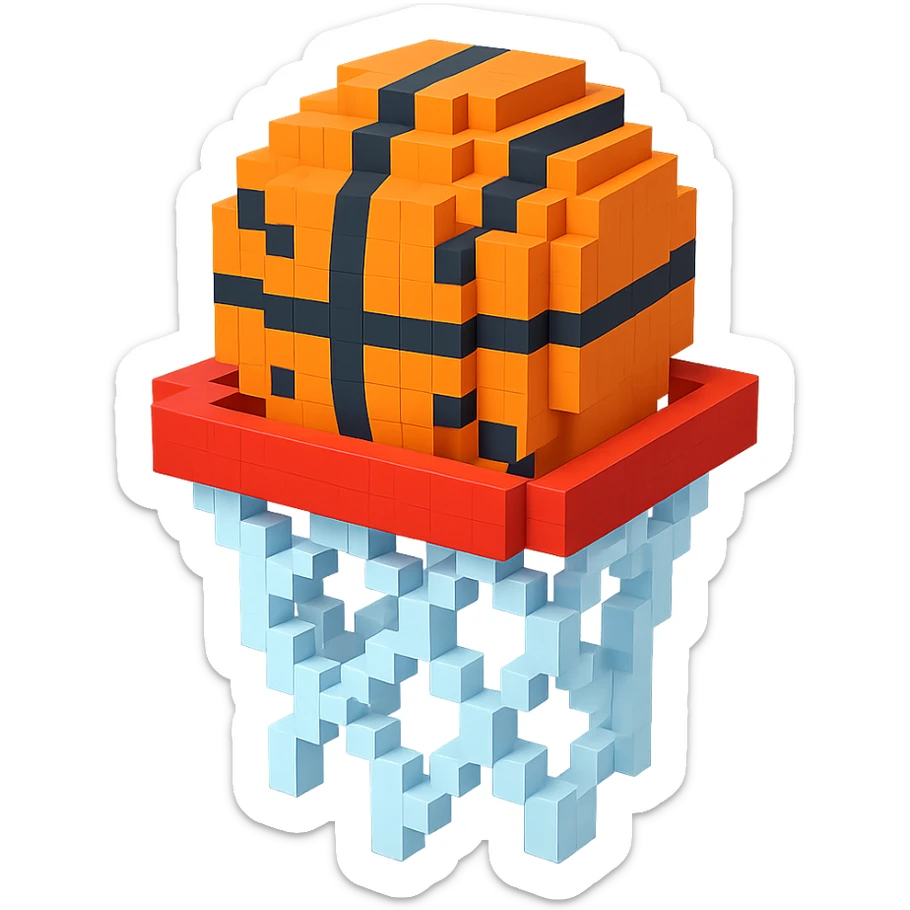 Voxel-style basketball in a net, no background, variation 5. sticker