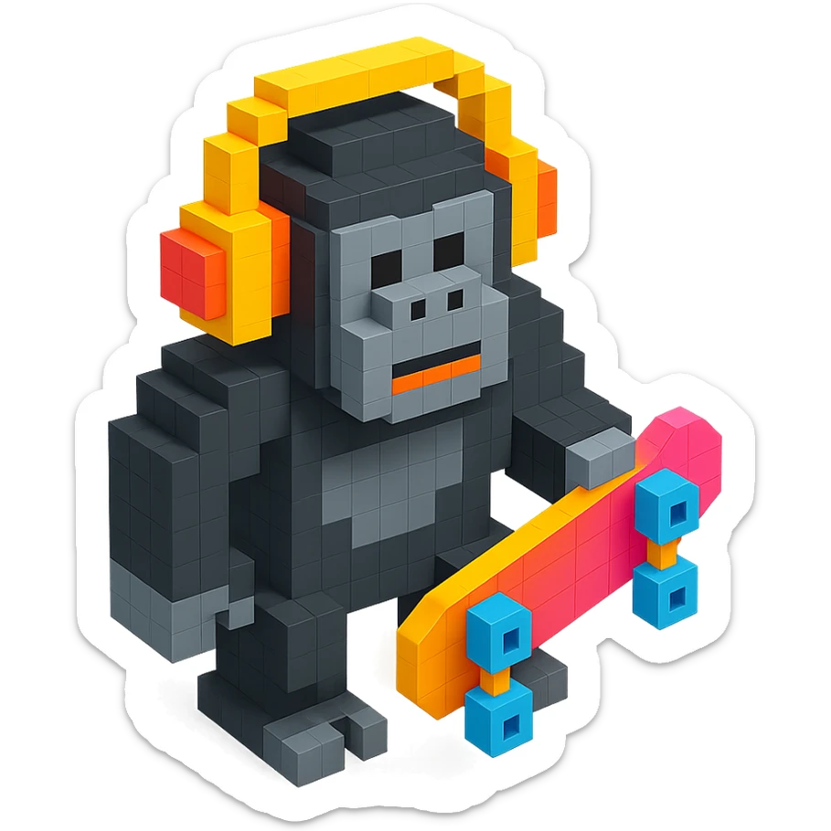 gorilla with headphones holding a skateboard, isometric view, voxel style sticker