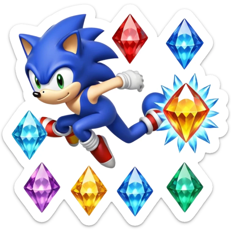 I want Sonic the hedgehog with the 7 chaos emeralds and the Goku aura transformation, where is the super Sonic aura Is a power 7 diamonds, red, blue, yellow, green, white, skyblue and purple, and Sonic changed color into yellow with the seven diamonds or chaos emeralds, and the spine is up sticker