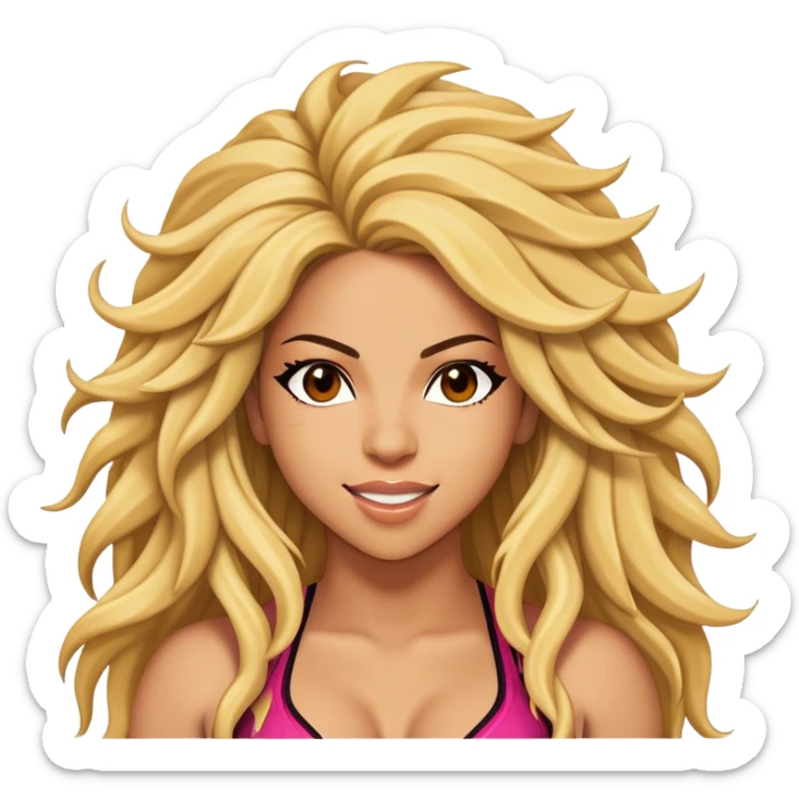 Cinematic Realistic Shakira Portrait Emoji, depicted as a dynamic charismatic pop icon with energetic movement and expressive features, rendered with vibrant textures and dynamic modern lighting that captures her global appeal. sticker