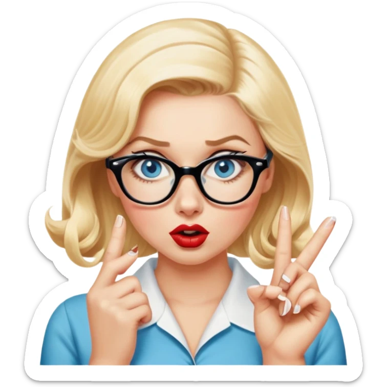 Blonde hair, blue eyed, wearing glasses 50's style pinup looking shocked and fingers touching lips sticker