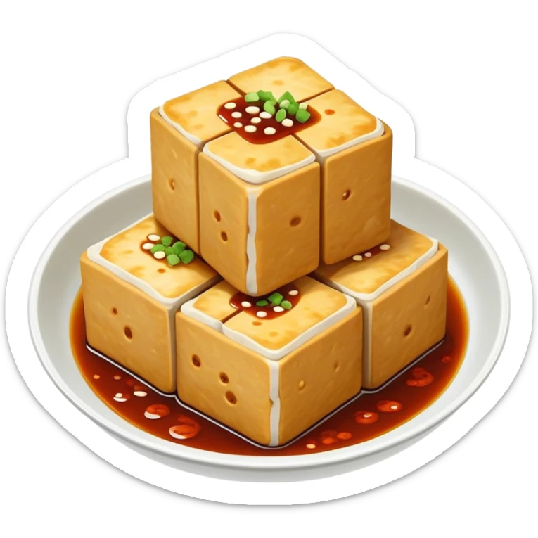Changsha Stinky Tofu with visible steam and sauce, simplified emoji style with bold outlines and bright colors, cartoon style famous fermented snack sticker