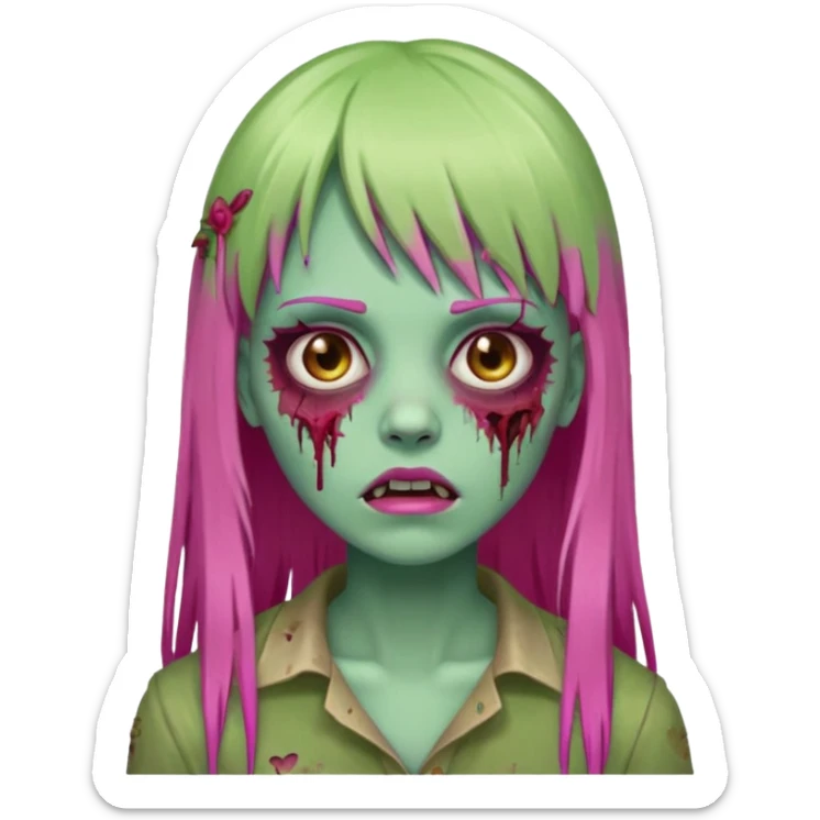 Create a female zombie emoji with long, straight hair in hot pink and bangs. sticker