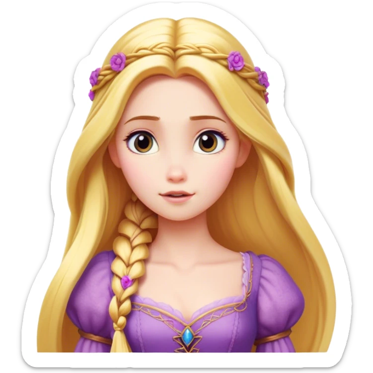 Cinematic Realistic Rapunzel Portrait, with porcelain-like skin featuring a subtle, natural glow, illuminated by soft lighting that brings out the gentle contours of her face. Her long, golden blonde hair cascades in detailed waves, each strand highlighted with a radiant shimmer as it catches the light. Her bright, expressive green eyes exude curiosity and warmth, framed by delicate lashes and soft, arched brows. Her expression is playful and vibrant, with a gentle smile. She is dressed in her classic lavender and pink gown, the fabric textured with delicate folds that flow naturally, catching the light with a soft, radiant glow. The portrait captures a luminous, enchanting aura, seamlessly blending realism with a whimsical, fairytale charm, evoking a timeless sense of beauty and magic. sticker