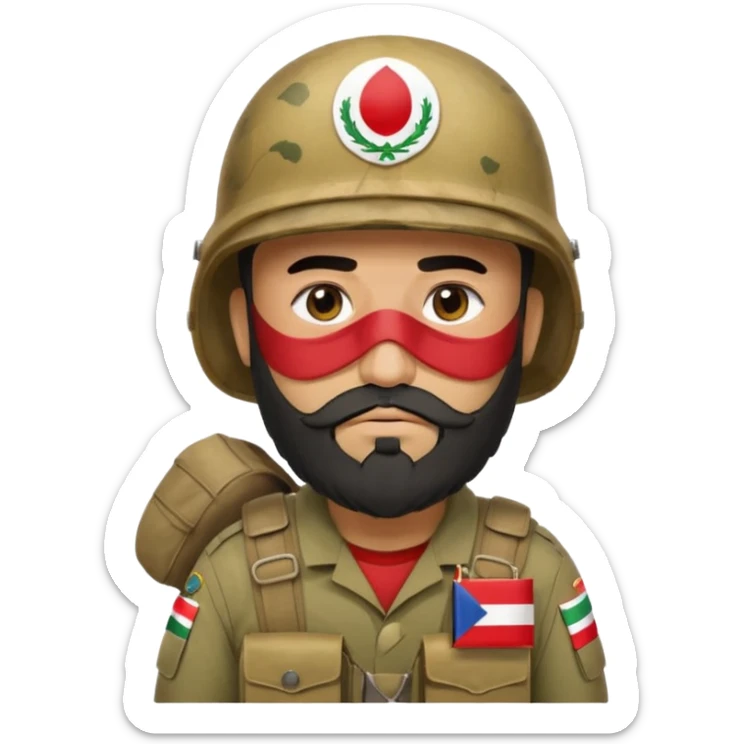 A tired and sad, swarthy Iraqi soldier with a beard, an Iraqi flag on his helmet, a sad expression and bags under his eyes sticker