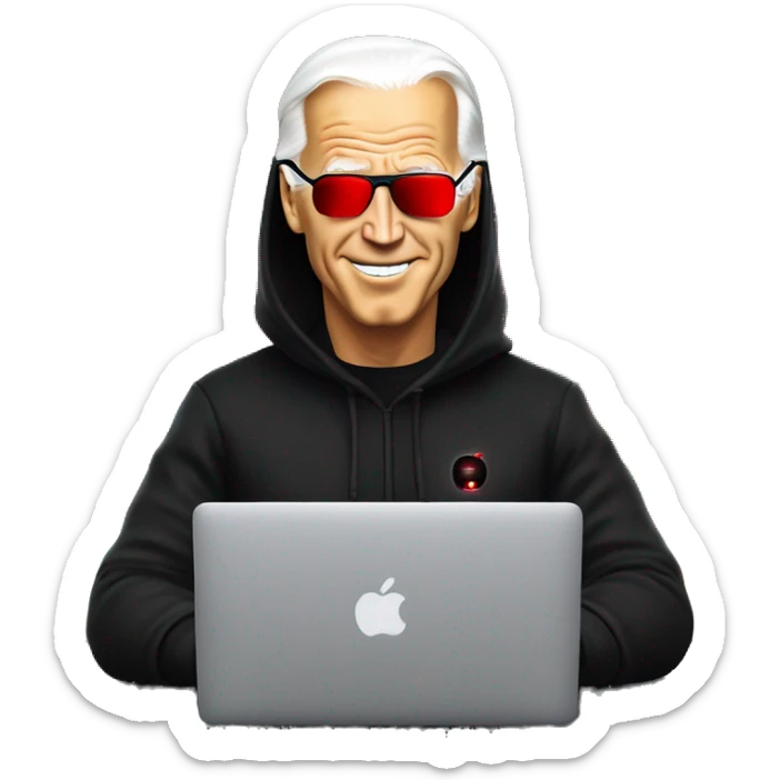 joe biden in a black hoodie with bright red glowing laser eyes typing on a macbook, joe biden, black hoodie, bright red glowing eyes, typing on macbook sticker