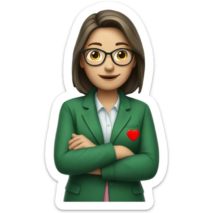 A European female teacher in a green jacket holds a heart in her hands sticker
