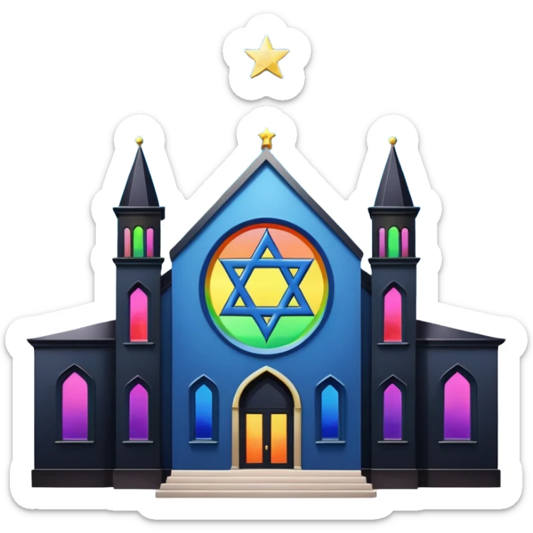 jewish synagogue temple in dark goth aesthetic style with black building and rainbow tint glass windows and star of david sticker