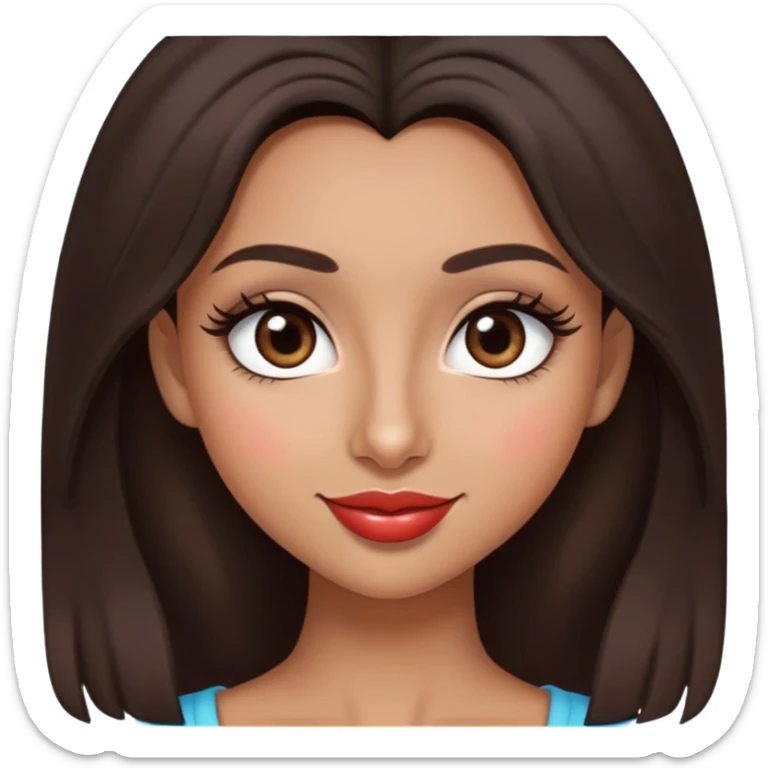 Dark brown hair girl, dark brown eyes, tan skin, heart shaped lips, almond eyes, big eyelashes, big nose , 1B hair type smiling sticker