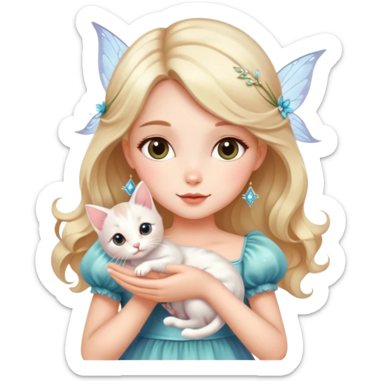 Dreamy beautiful fashion elegant cute shiny lady soft style kawaii beautiful hair fairy style girl holding a kitten sticker