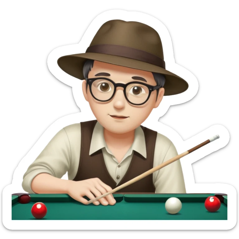 A tall Man with hat and glasses playing pool and lost to a Chinese girl  sticker