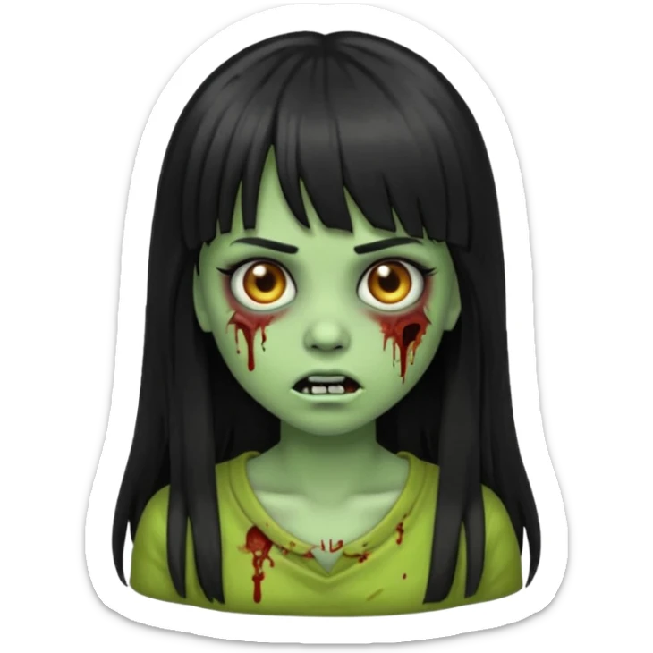 Zombie emoji girl, light green skin, black long hair with bangs sticker