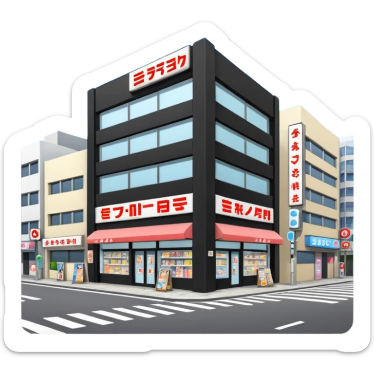 japanese anime store in modern style like in Akihabara with "anime" in japanese on a building sticker
