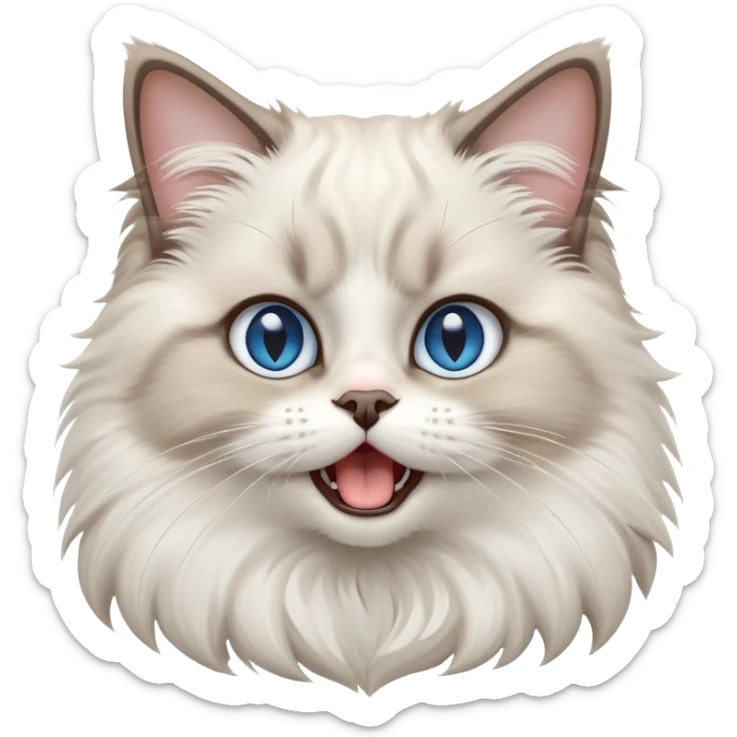 cinematic-adorable-big-eyed-fluffy-ragdoll-cat-portrait-emoji,-head-tilted-playfully-with-a-cute,-yawn,-white and grey fur,-simplified-yet-irresistibly-cute-features, blue eyes sticker