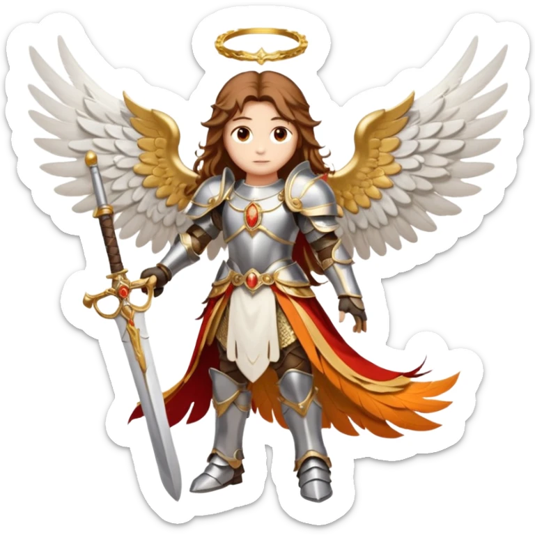  The angel has long brown hair surrounded by a golden halo and large white-and-orange feathered wings, wearing ornate silver armor with gold accents and a red sash. In its right hand it grips a white sword upright, while its left hand rests near the hilt of another weapon at its sid  sticker