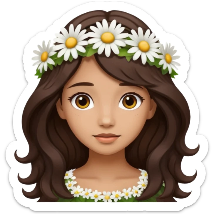["Medium skin tone female, long dark-brown hair with gentle waves, wearing a white daisy floral crown."] sticker