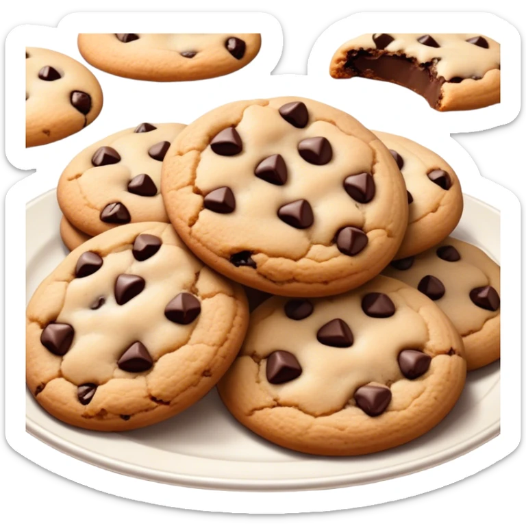 Cinematic Realistic Cookies Dessert Emoji, showcasing a plate of freshly baked cookies with gooey chocolate chips rendered with lifelike textures and warm, homey lighting. sticker